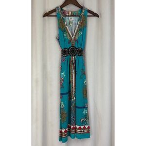 90s Y2K Vintage ICE Teal Paisley Beaded Halter Midi Dress Size 10